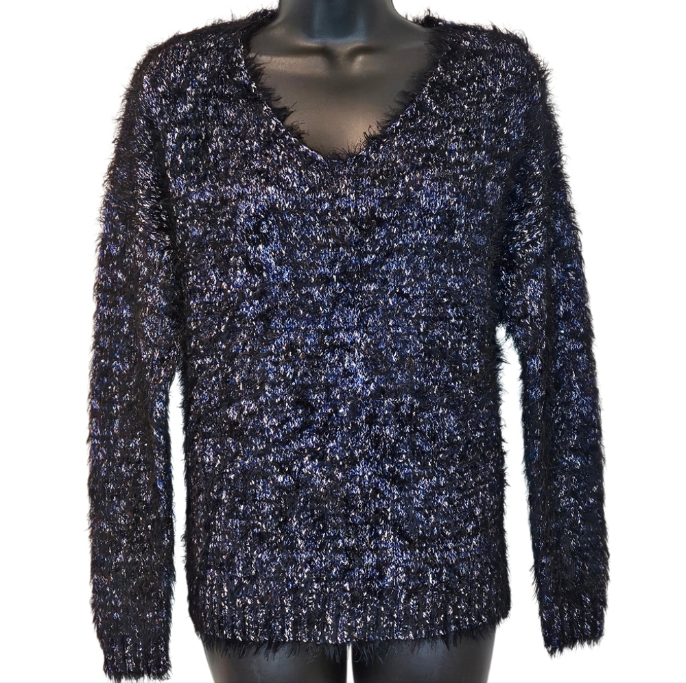 Color Block Blue Black Shimmer Mo Hair V-Neck Sweater Size Small/Meduim